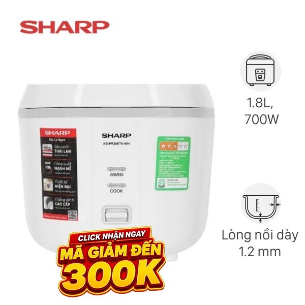 Nồi cơm nắp gài Sharp 1.8 lít KS-PR20ETV-WH
