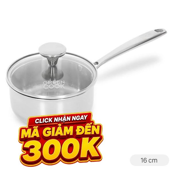 Quánh inox 3 lớp nguyên khối 16 cm Green Cook GCS235-16IH