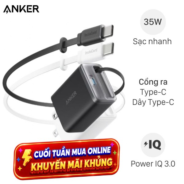 Sạc nhanh Anker Nano A2658 kèm cáp dây rút Type C