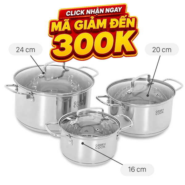 Bộ 3 nồi inox 3 đáy Green Cook GCS2519-T1