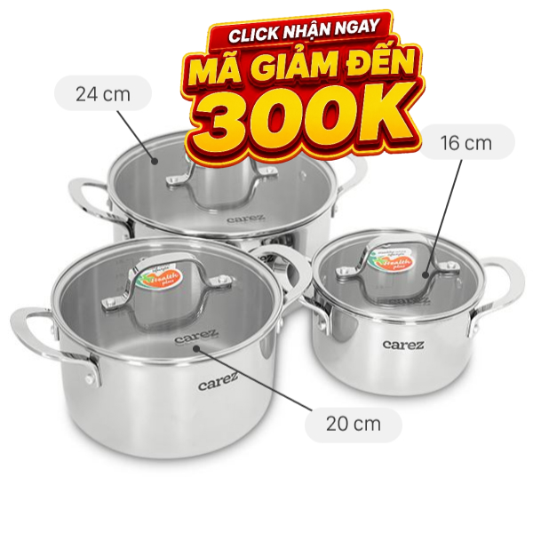 Bộ 3 nồi inox 3 lớp nguyên khối Carez CPC871SI-03