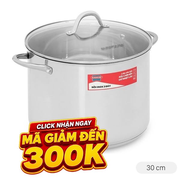 Nồi Inox 3 đáy nắp kính 30 cm Sunhouse SHG301-30