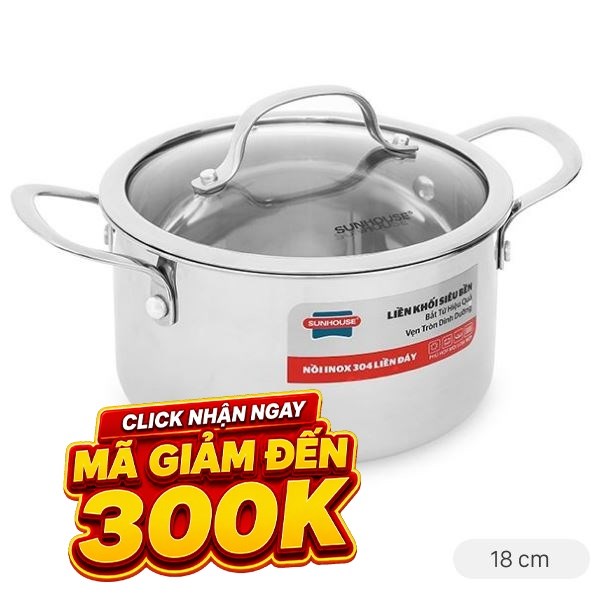 Nồi Inox 3 lớp nguyên khối Sunhouse SHG706-18