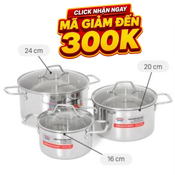 Bộ 3 nồi Inox 3 lớp nguyên khối Sunhouse Healthy SHG709
