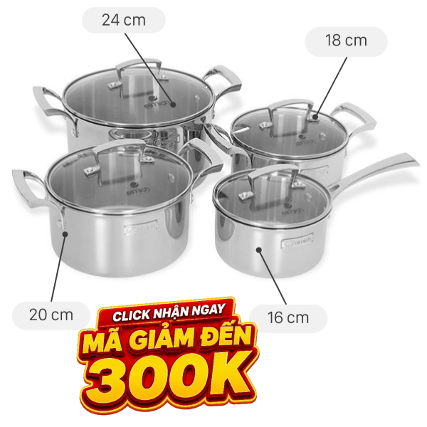 Bộ 4 nồi quánh inox 3 lớp nguyên khối Elmich Premium EL3100