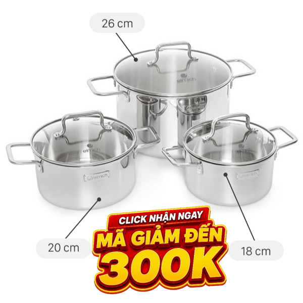 Bộ 3 nồi inox 3 lớp nguyên khối Elmich EL2488IN02