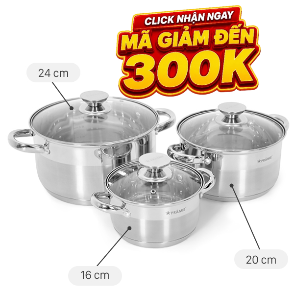 Bộ 3 nồi inox 5 đáy Pramie PC36501