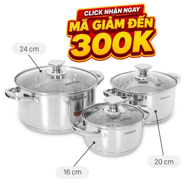 Bộ 3 nồi inox 5 đáy nắp kính Sunhouse SHG799