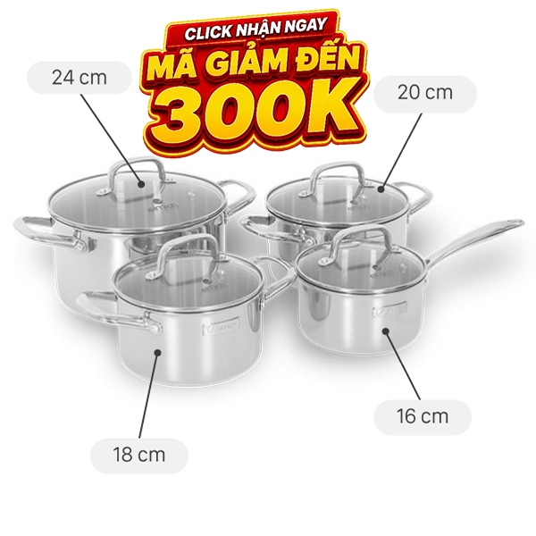 Bộ 4 nồi quánh inox 3 lớp nguyên khối Elmich EL2485IN01