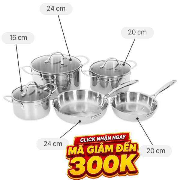 Bộ 5 nồi chảo inox 3 lớp nguyên khối Elmich EL2486IN01