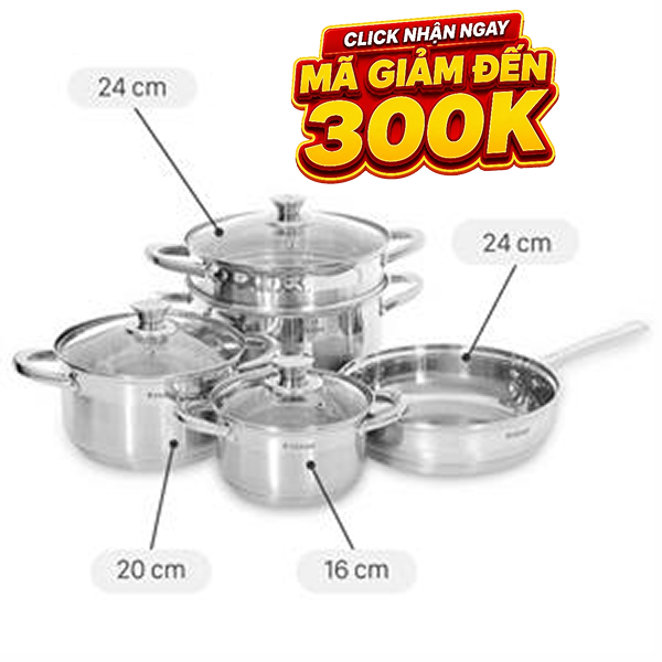 Bộ 4 nồi chảo inox 5 đáy Pramie PC318501