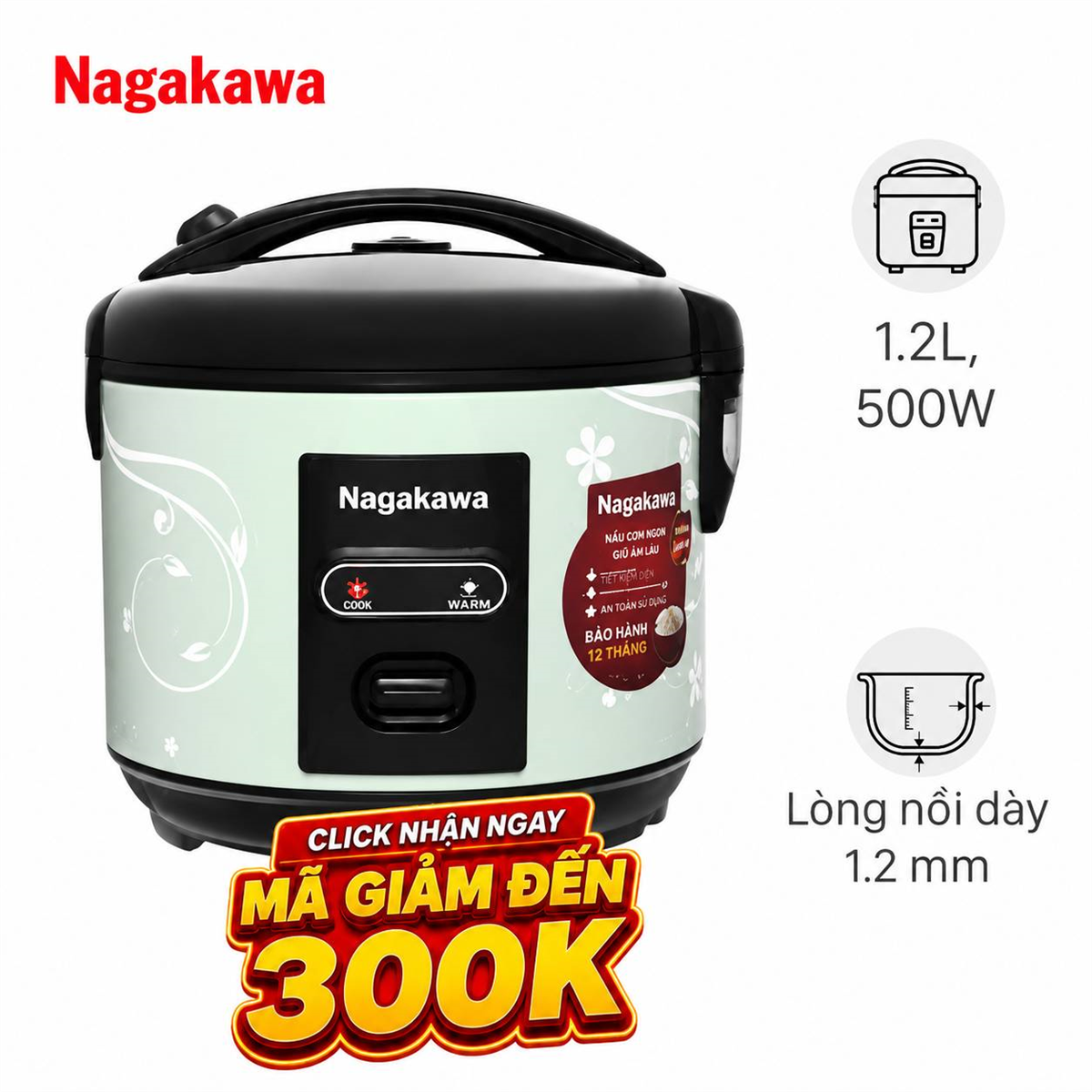 Nồi cơm nắp gài Nagakawa 1.2 lít NRC3812