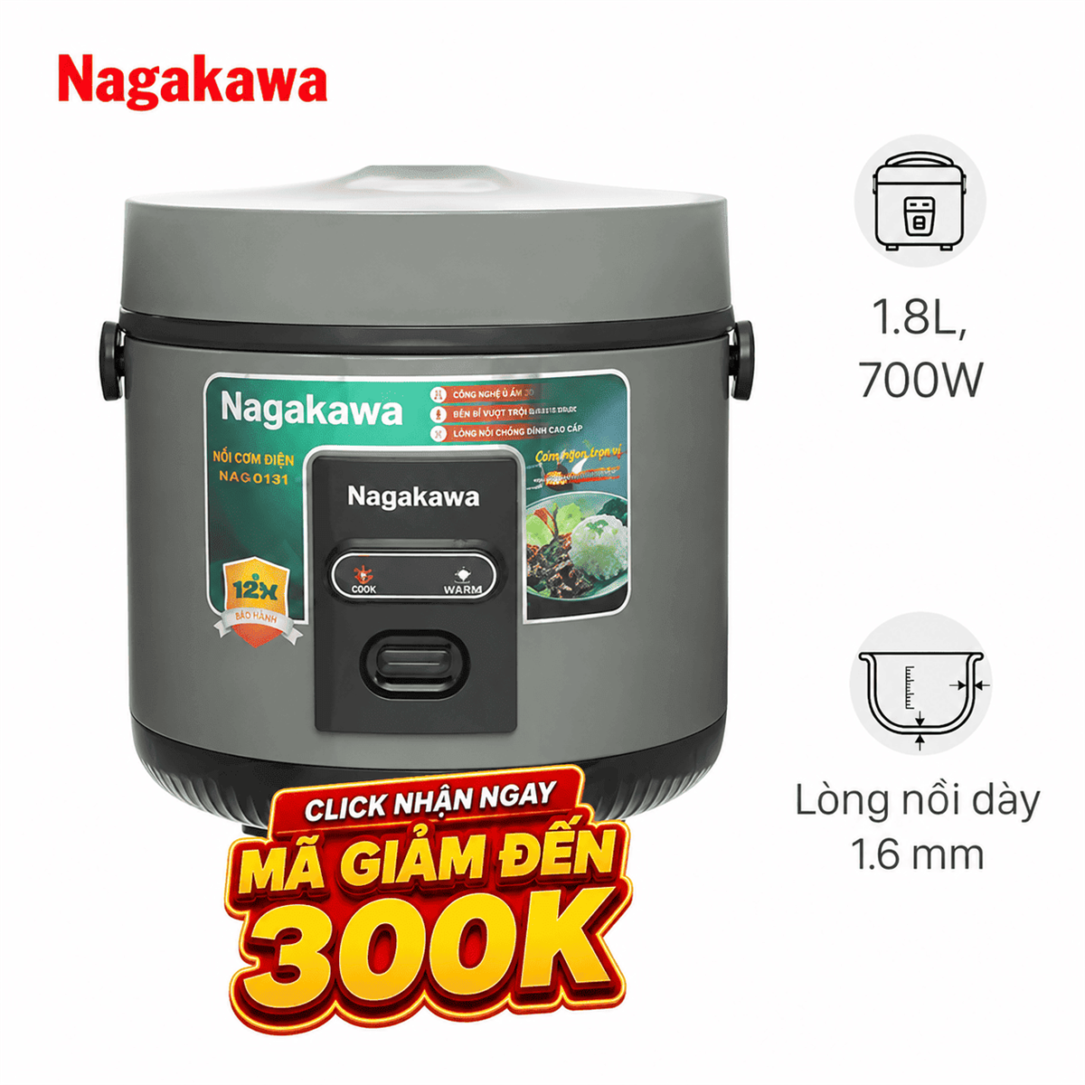 Nồi cơm nắp gài Nagakawa 1.8 lít NRC3836