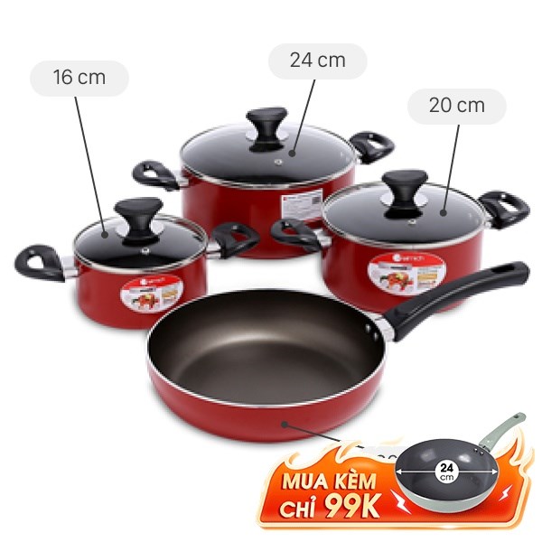 Bộ nồi chảo nhôm chống dính nắp kính Elmich EL1162