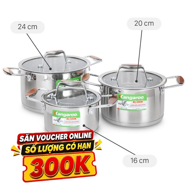 Bộ 3 nồi inox 5 đáy Kangaroo KG3CS2
