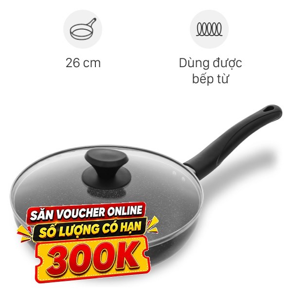 Chảo nhôm sâu chống dính vân đá đáy từ nắp kính Delites CE005-26