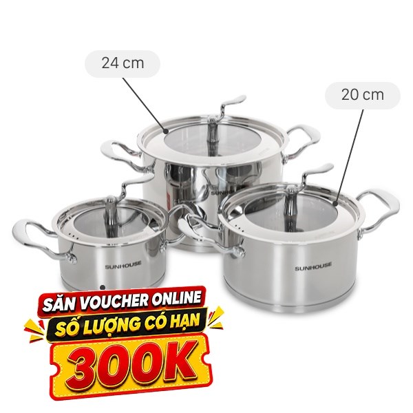 Bộ 3 nồi inox 5 đáy Sunhouse SHG2503MSA
