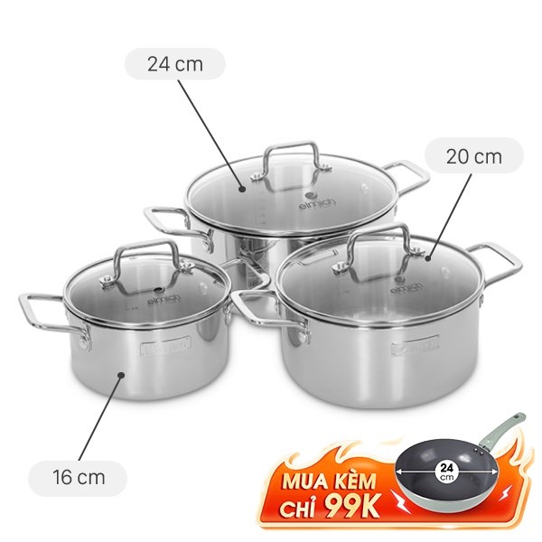 Bộ 3 nồi inox 3 lớp nguyên khối Elmich Trimax XR EL-3843