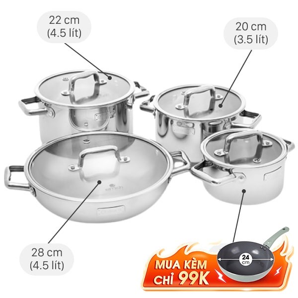 Bộ 4 nồi inox 3 đáy nắp kính Elmich Trimax Eco EL-8002
