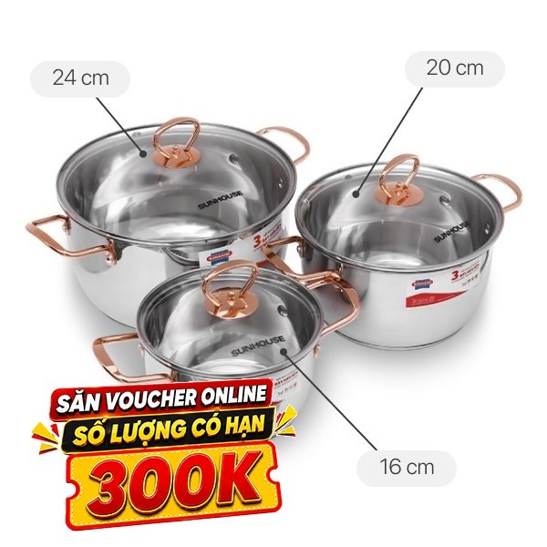 Bộ 3 nồi inox 3 đáy Sunhouse SHG306