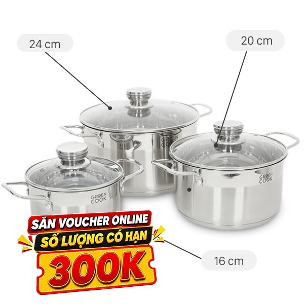 Bộ 3 nồi inox 5 đáy Green Cook GCS232-T1