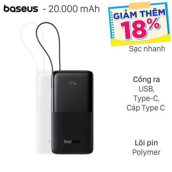 Baseus 20W Bipow 2 PPBD2-2W20 kèm Cáp Dây Rút Type C