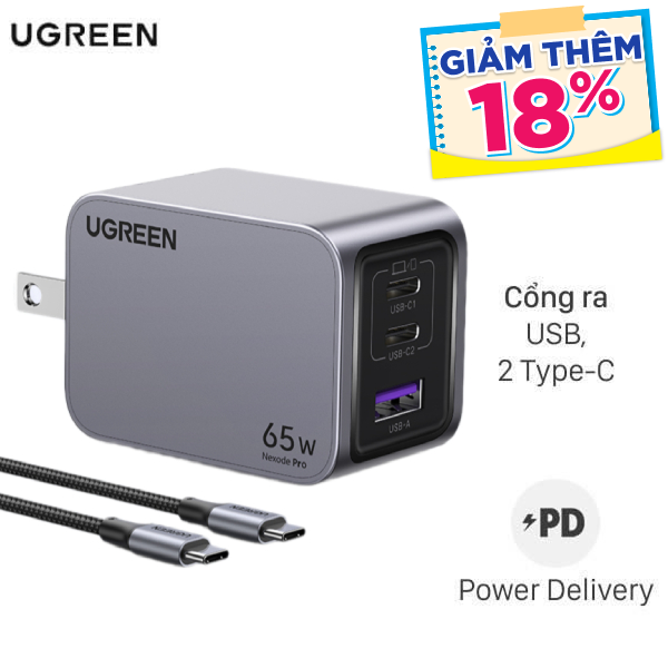 Bộ sạc nhanh 3 cổng Ugreen X755 25870 kèm Cáp Type C - Type C
