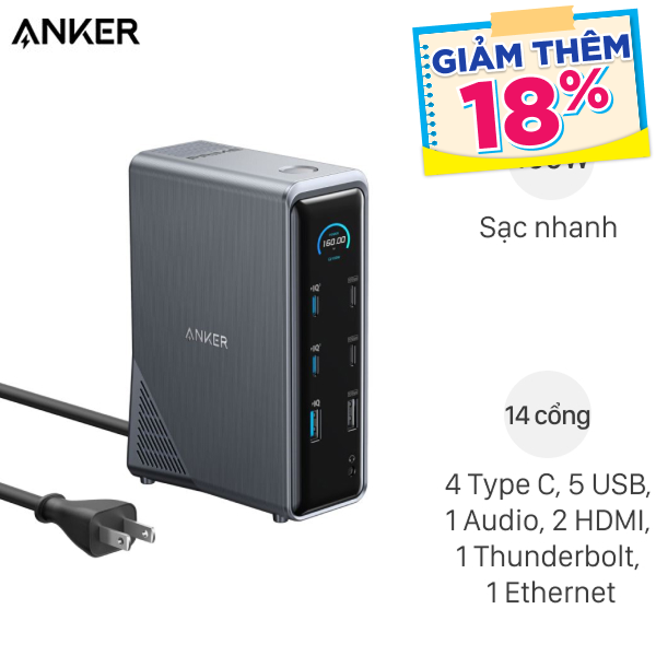 Bộ sạc nhanh chuyển đổi 14-in-1 160W Dual Display Anker A83B6 kèm Cáp Type C - Type C