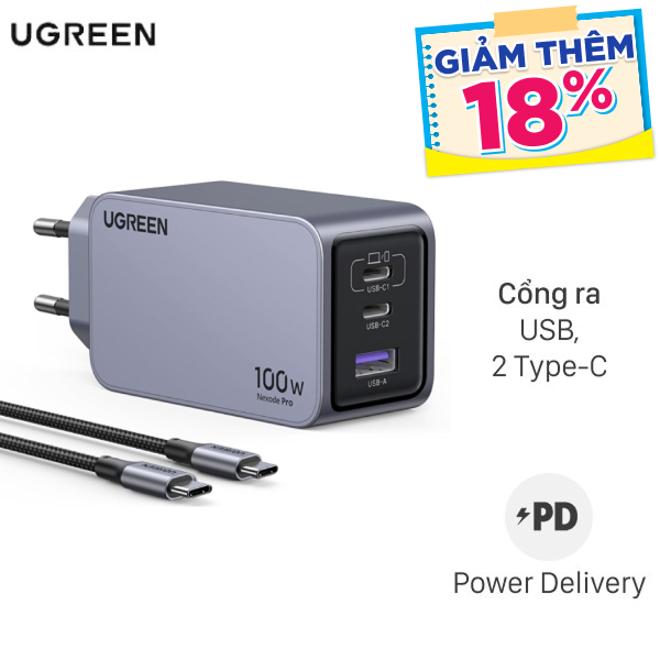 Sạc nhanh 3 cổng Ugreen Nexode Pro X757 25874 kèm Cáp Type C - Type C