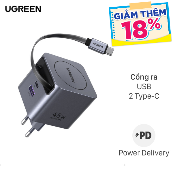Sạc nhanh 3 cổng Ugreen Nexode Pro X614 kèm cáp dây rút Type C