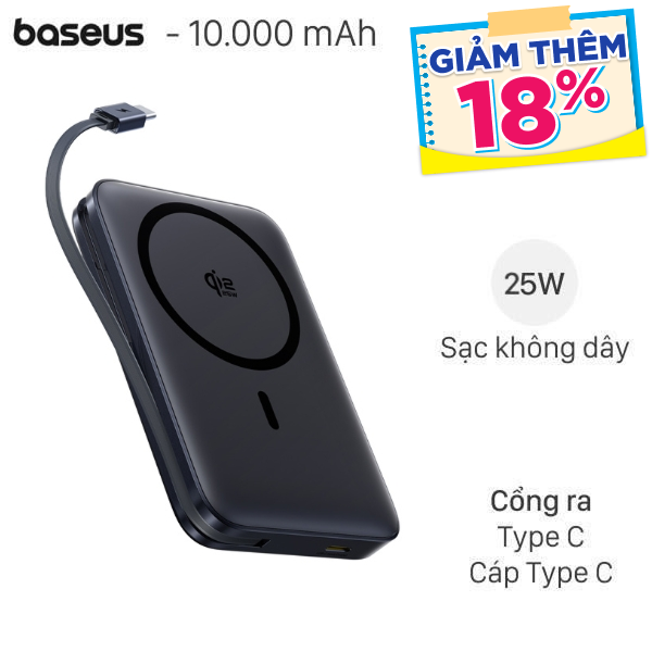 Pin sạc dự phòng 10000mAh Không dây Magnetic Qi2.2 Type C PD 45W Baseus PicoGo AM61 E0028V kèm Cáp Type C