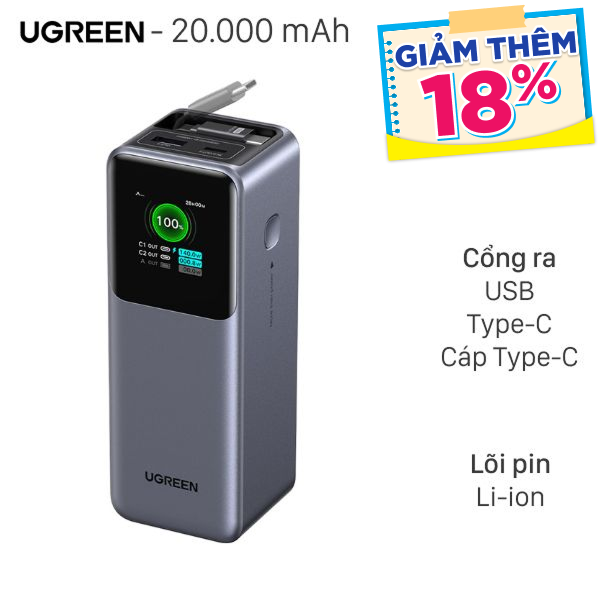 Ugreen 165W PB726 kèm Cáp dây rút Type C