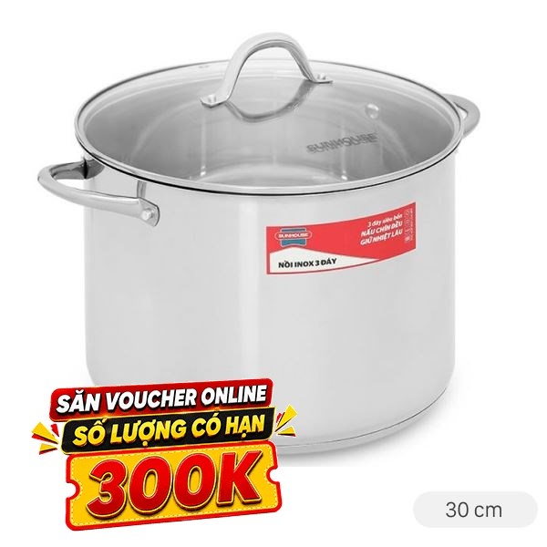 Nồi Inox 3 đáy nắp kính 30 cm Sunhouse SHG301-30