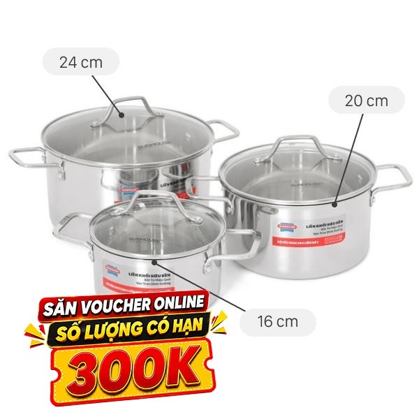 Bộ 3 nồi Inox 3 lớp nguyên khối Sunhouse Healthy SHG709