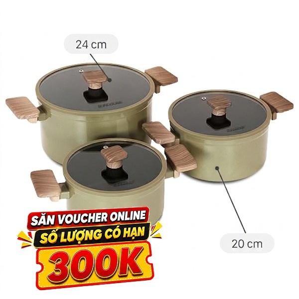 Bộ 3 nồi nhôm chống dính Sunhouse Titanium Plasma ST2210P