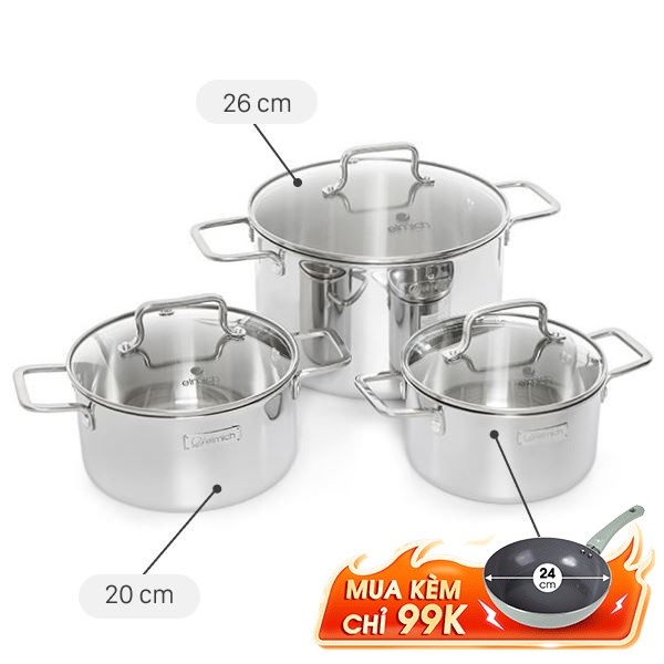 Bộ 3 nồi inox 3 lớp nguyên khối Elmich EL2488IN02