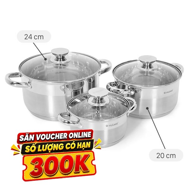 Bộ 3 nồi inox 5 đáy Pramie PC36501
