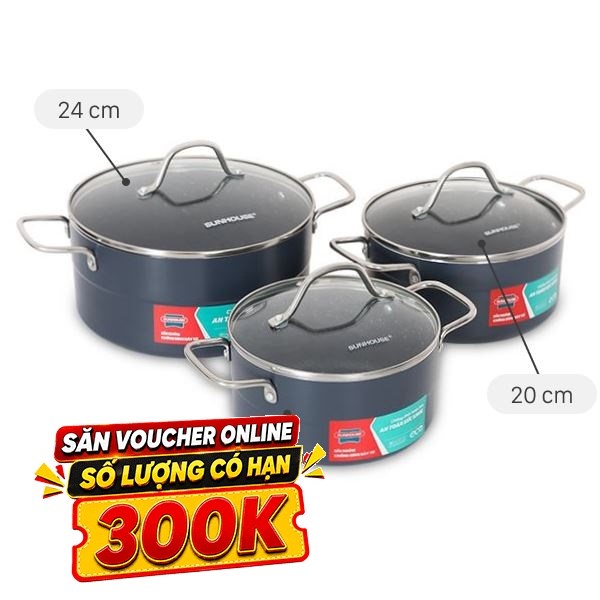 Bộ 3 nồi nhôm chống dính Sunhouse Eco SHG7979X