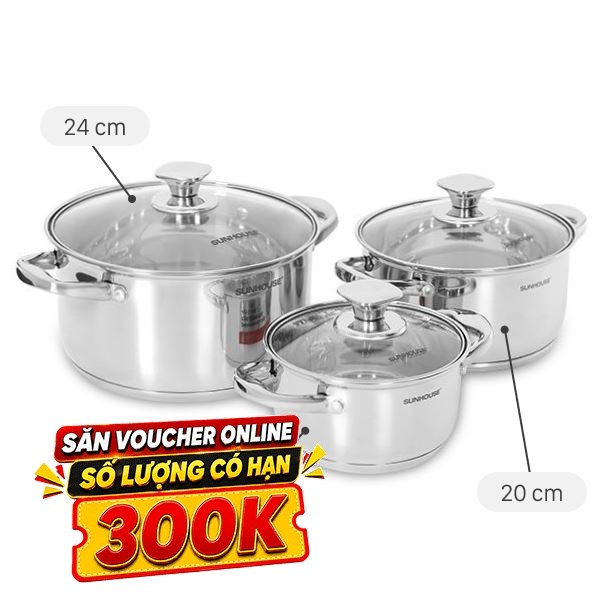 Bộ 3 nồi inox 5 đáy nắp kính Sunhouse SHG799