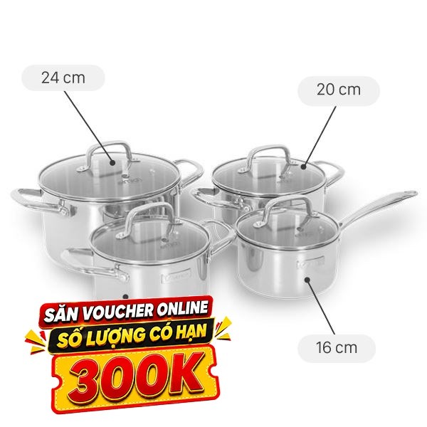 Bộ 4 nồi quánh inox 3 lớp nguyên khối Elmich EL2485IN01
