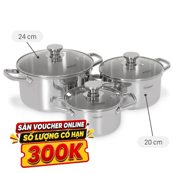 Bộ 3 nồi inox 3 lớp nguyên khối Pramie PC36505