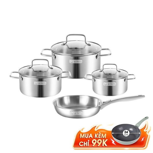 Bộ nồi chảo inox 3 lớp nguyên khối nắp kính Elmich Daily Plovdi