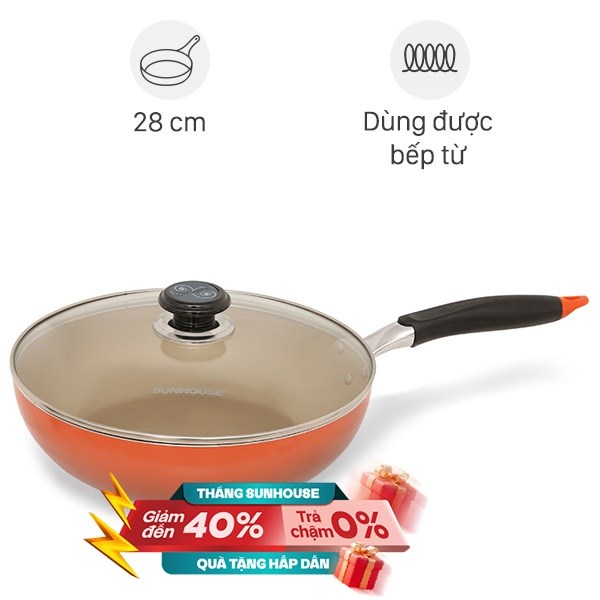 Chảo nhôm sâu chống dính đáy từ nắp kính 28 cm Sunhouse SHG1228MOB