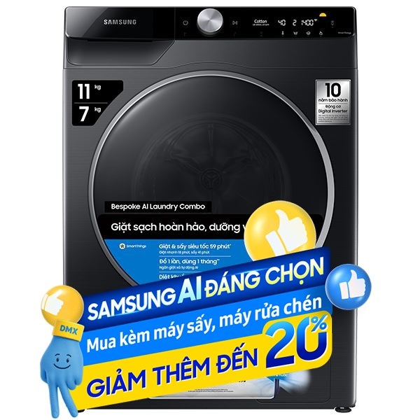 Máy giặt sấy Samsung AI Ecobubble Inverter giặt 11 kg - sấy 7 kg WD11T734DBX/SV