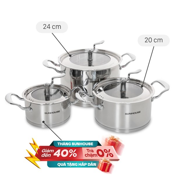 Bộ 3 nồi inox 5 đáy Sunhouse SHG2503MSA