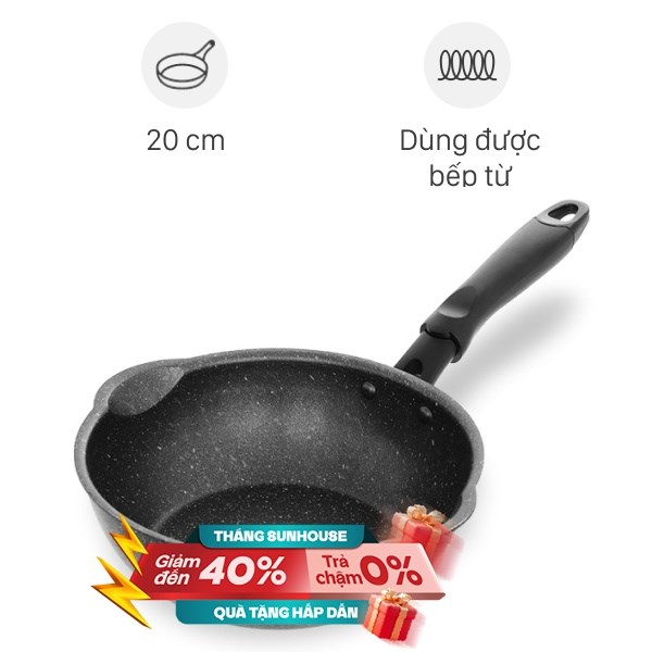 Chảo nhôm sâu chống dính vân đá đáy từ 20 cm Sunhouse SHS20MRD