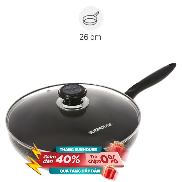 Chảo nhôm sâu chống dính nắp kính 26 cm Sunhouse SHS26K