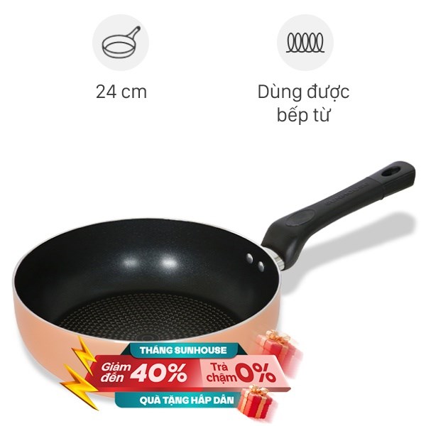 Chảo nhôm sâu chống dính vân đá đáy từ 24 cm Sunhouse SHS24MPT