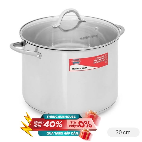 Nồi Inox 3 đáy nắp kính 30 cm Sunhouse SHG301-30