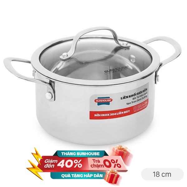 Nồi Inox 3 lớp nguyên khối Sunhouse SHG706-18